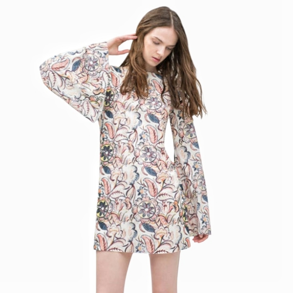 Zara - Floral Flared Long Sleeve Mini Dress